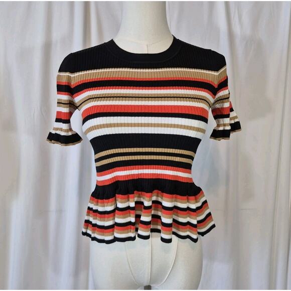 Cinq à Sept Colorful Striped Ribbed Short Sleeve Peplum Top XS - Picture 3 of 10